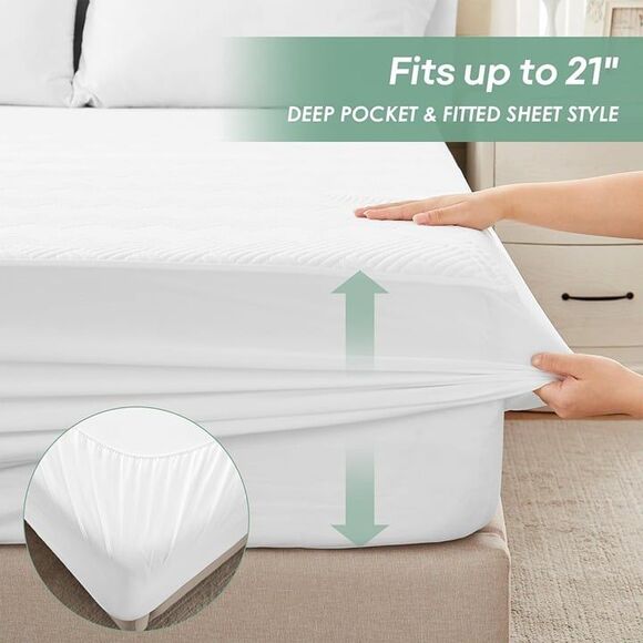 Twin Size 100% Waterproof Mattress Protector, Mattress Pad Cover Fitted 8"-21" - Picture 4 of 9